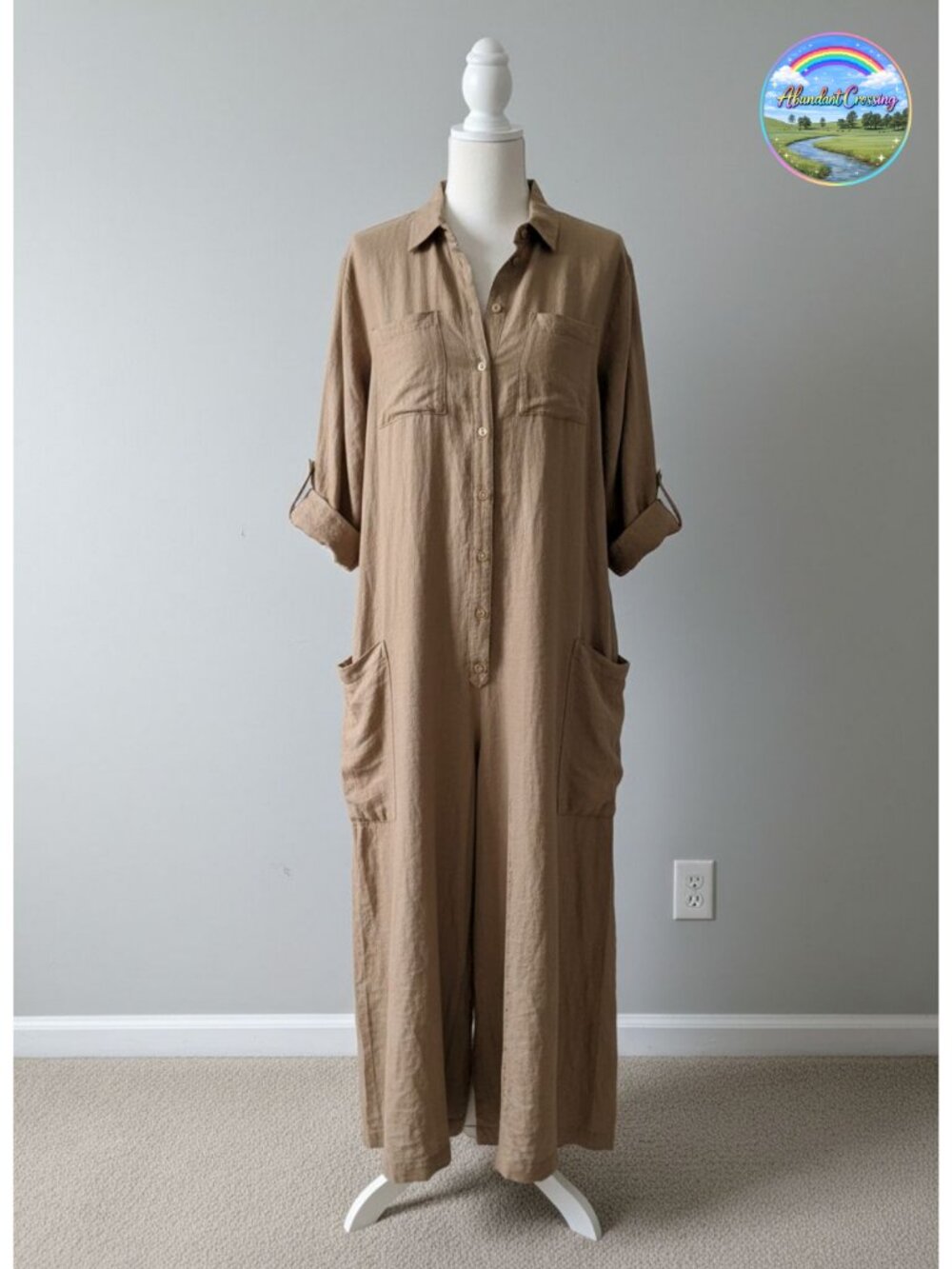 Linen Blend Button Down Wide Leg Jumpsuit Long Sleeve Palazzo Pants